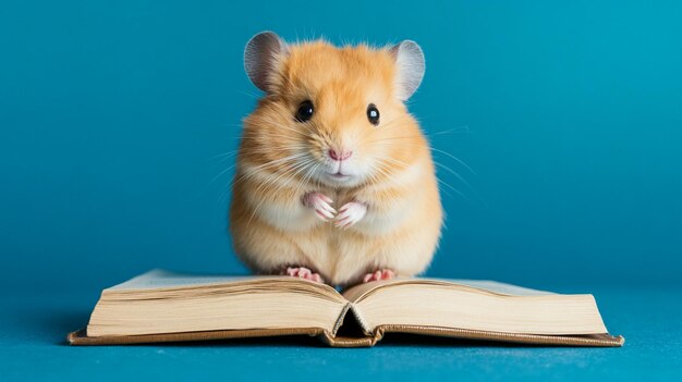 Photo a hamster is looking at a book with a blue backgrounda rabbit with a sweater that says