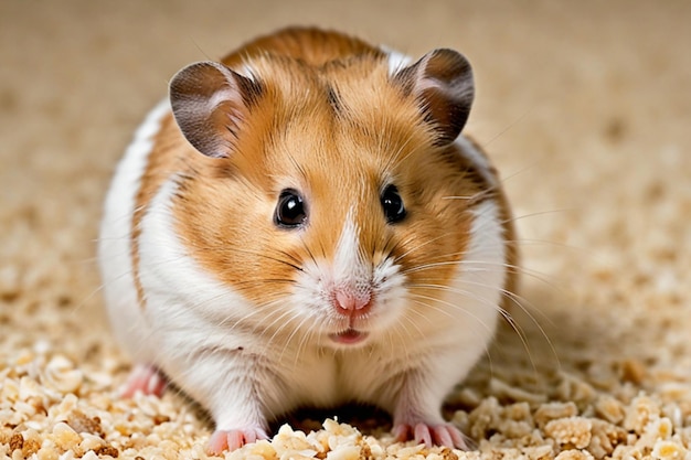 a hamster is sitting on a carpet with its ears pointed up