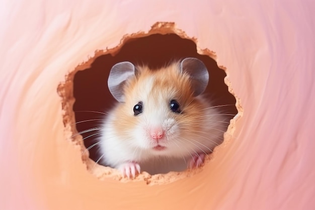 Hamster peeks in surprise through a hole in the paper on a pastel pink and orange background