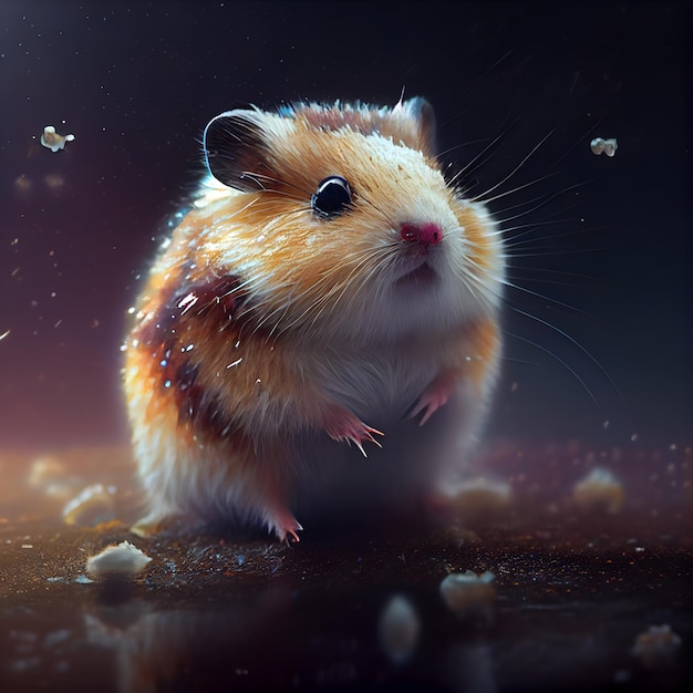 Hamster in the rain on a dark background Hamster in the rain