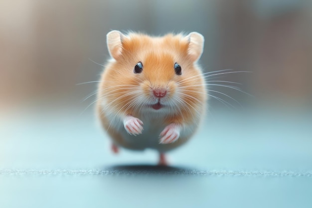 Photo a hamster running on a wheel inside a cage isolated on a pastel blue background