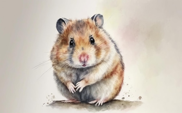 A hamster sits in a grey background. watercolor illustrations for kids cartoon style ai generated