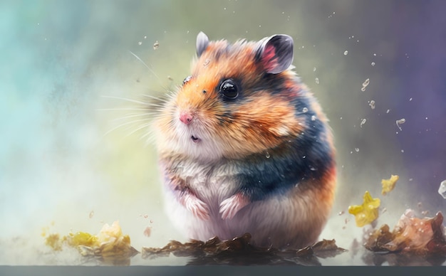 A hamster sits in a grey background. watercolor illustrations for kids cartoon style ai generated