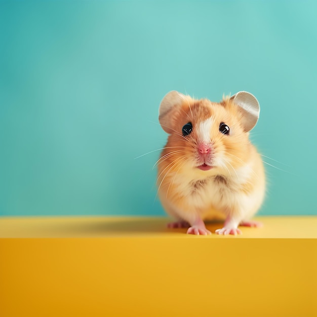 a hamster sits on a yellow tray with a blue background