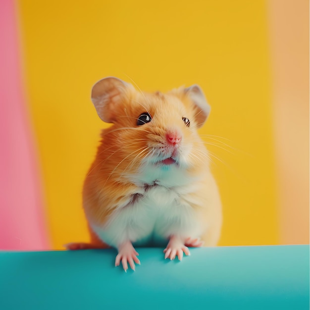 a hamster sitting on a table with a yellow background