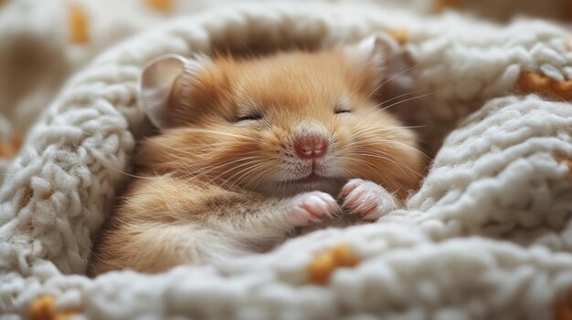 a hamster sleeping on a blanket with his eyes closed