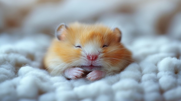 a hamster sleeping on a blanket with a white blanket