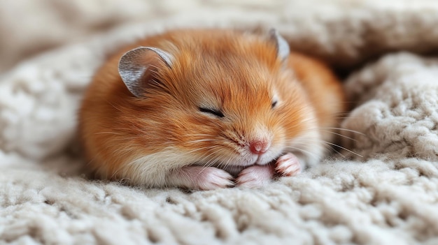 hamster sleeping on a white carpet