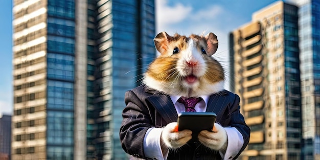 hamster in suit holding a smartphone