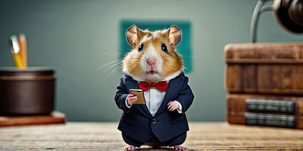 hamster in suit holding smartphone