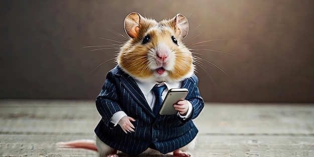 Hamster in suit uses smartphone