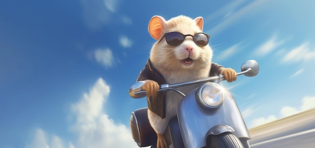 A hamster in sunglasses rides a scooter Banner copy space