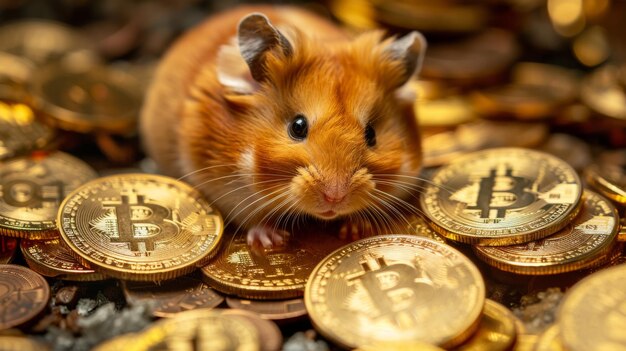 Hamster Surrounded By Gold Bitcoin Coins Cryptocurrency Investment Wealth Savings and Prosperity