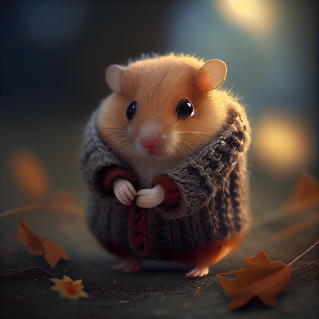 Hamster in a warm scarf on a background of autumn leaves