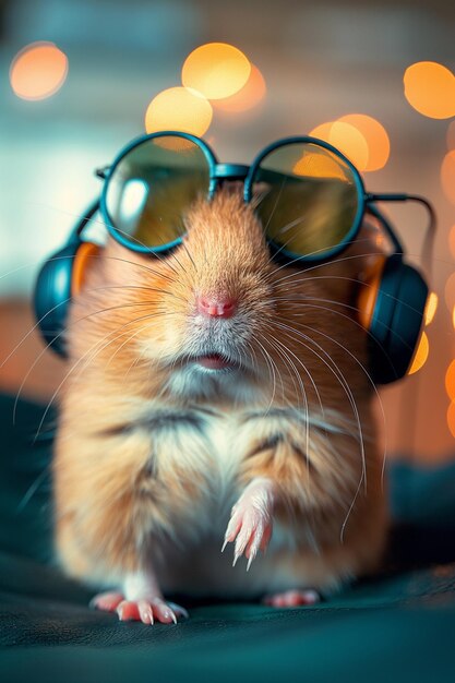 Photo hamster wearing big earphones