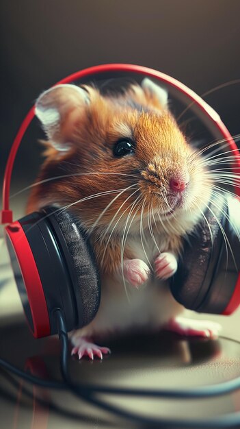 Photo hamster wearing big earphones