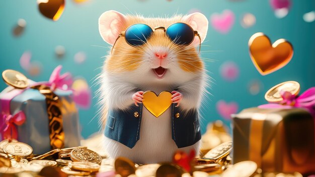 Photo a hamster wearing a jacket with sunglasses and a heart shaped mouth