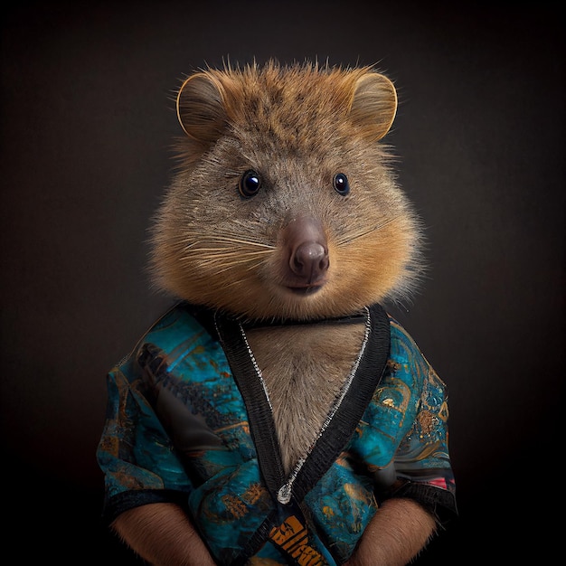 A hamster wearing a kimono with the word hamster on it.