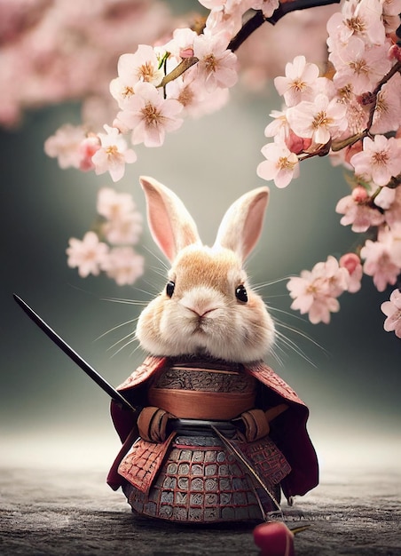 hamster wearing samurai costume in sakura background