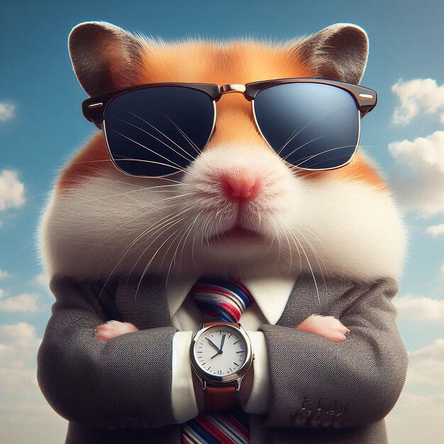 Photo a hamster wearing a suit and sunglasses is posing with a watch and wearing a watch