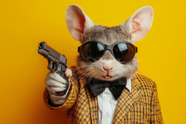 hamster wearing sunglasses holding a gun dressed in checkered suit and bow tie posing against yell