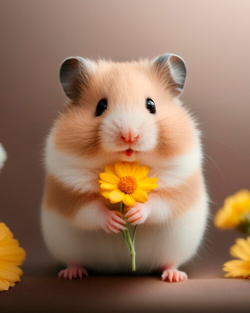 Photo a hamster with a flower in his mouth is holding a flower