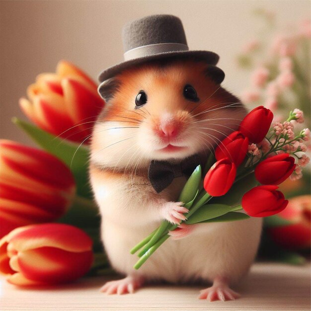 Photo a hamster with a hat holding flowers and a bunch of tulips