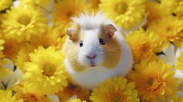 Hamster and yellow chrysanthemum background top view