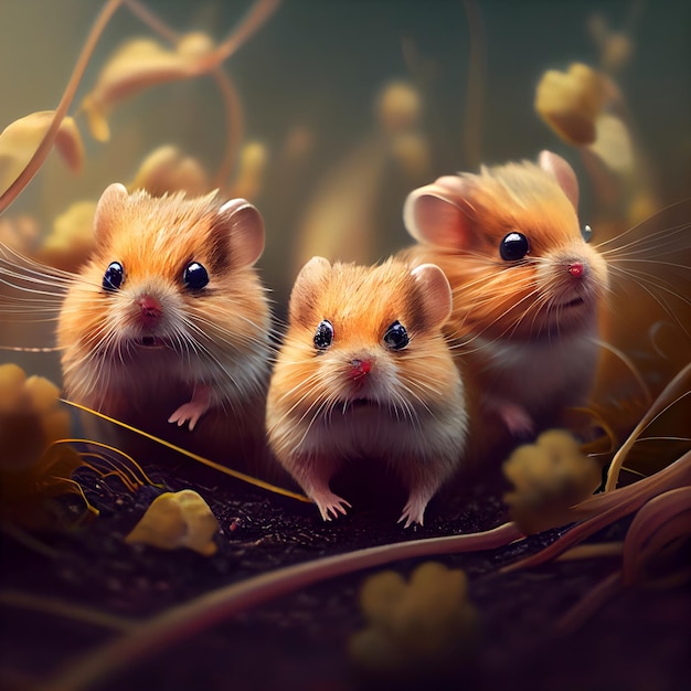 Hamsters in the garden Animal theme 3D rendering