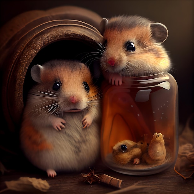 Hamsters in a glass jar with a jar on a wooden background