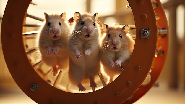 Hamsters running on an exercise wheel