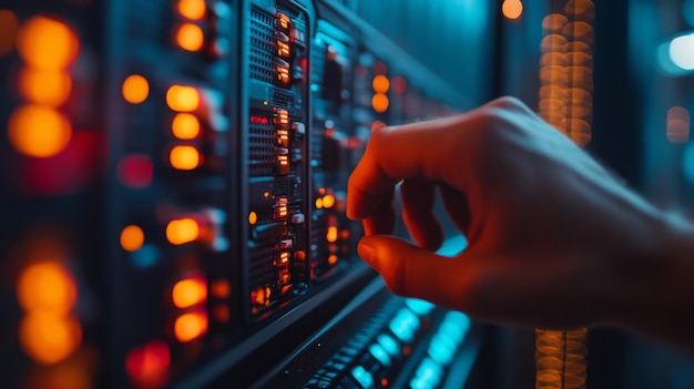 Photo hand adjusting server controls in data center