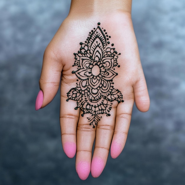 Photo a hand adorned with intricate henna design and pink nails