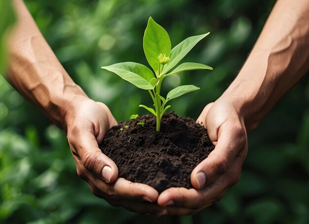 Hand adult man holding young plant in hand on spring for earth day concept Generated ai