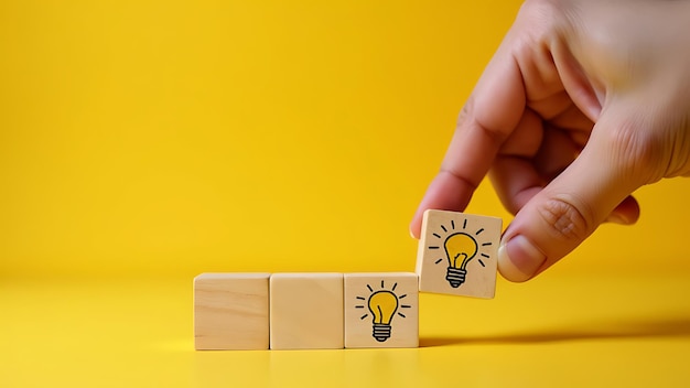 A hand aligns two wooden blocks with a lightbulb drawing on them against a vibrant yellow background This image symbolizes creativity innovation and the concept of connecting ideas to form a solution