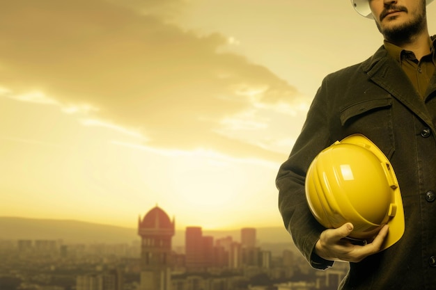 Hand or arm of engineer hold yellow plastic helmet for worker Labor day concept