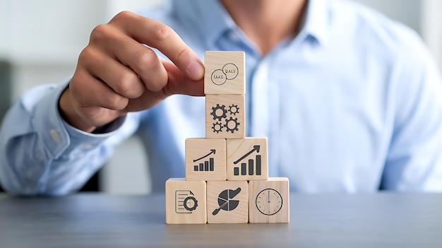 Photo hand arranging wooden blocks with vital business strategy icons ascending like steps symbolizing growth and planning