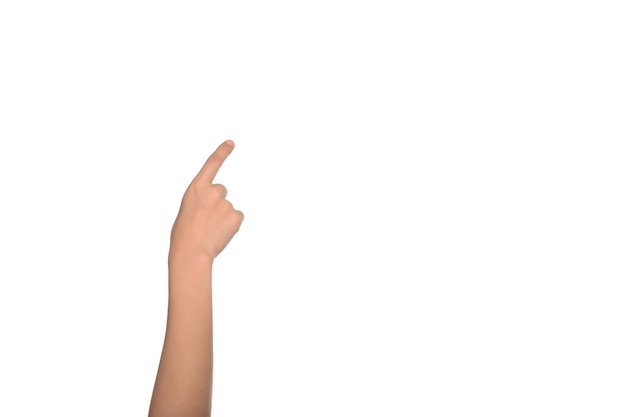 Hand of asian woman touching invisible screen on white background