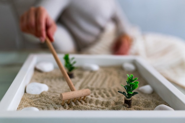 Hand of beautiful young woman using her Zen garden at home. Lovely young smiling woman relaxing with her Zen garden and enjoying her day