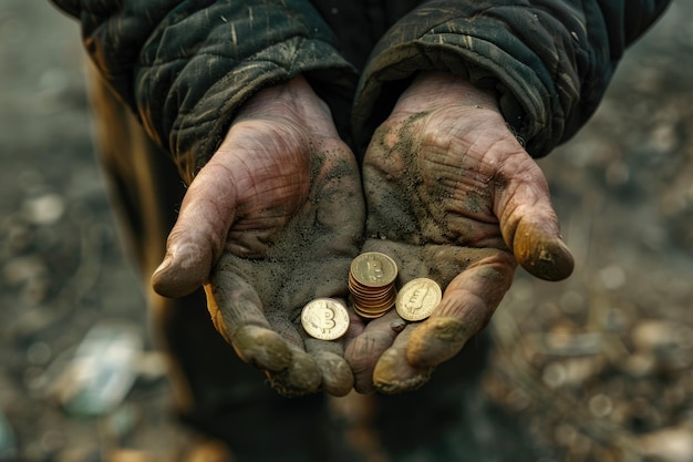 Photo hand of beggar with some coins begging for money povertyhungeranxietybankrupt concept