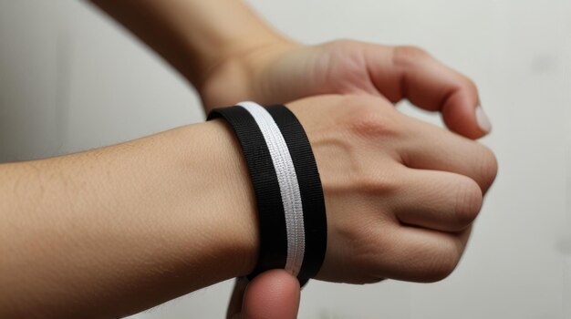 Photo hand and black rubber band on wrist on white background