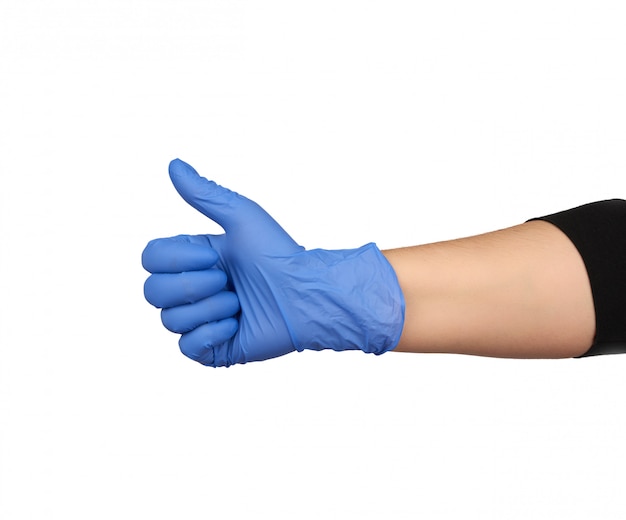 Hand in blue medical glove shows right-handed gesture like