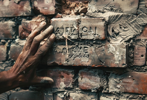 Hand on a brick wall