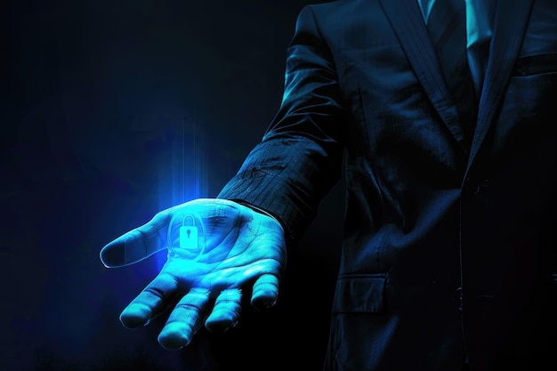 Hand of businessman on dark background with security glowing sign