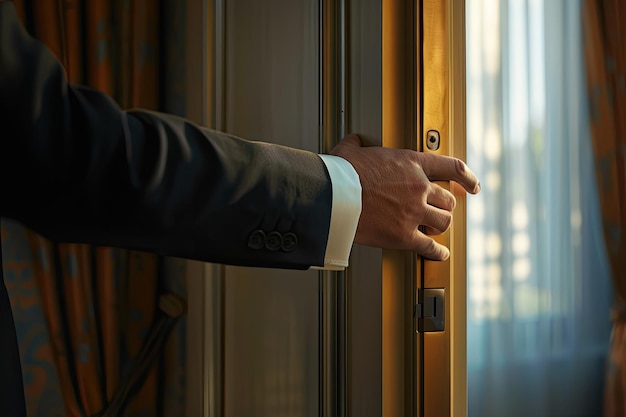 Hand of businessman opening hotel room