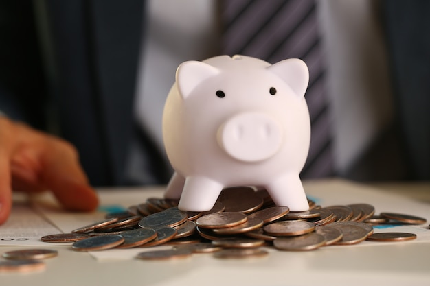 Hand businessman putting pin money into pig