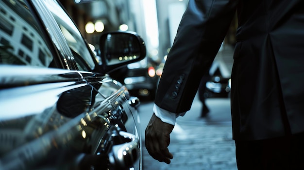 Hand of businessman on vehicle handle door in professional transport service business class