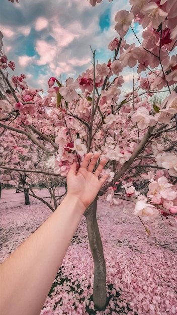 Hand by a tree in blossom