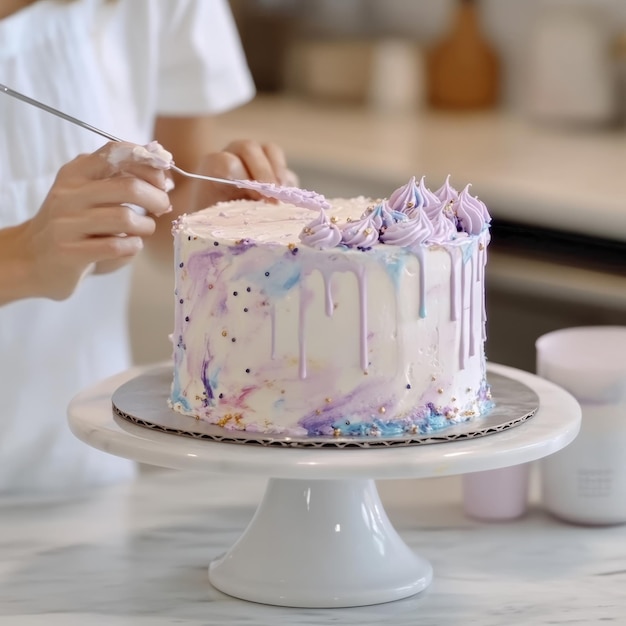 Photo a hand carefully decorates a white cake with purple frosting and sprinkles