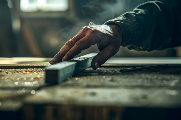 Hand of a carpenter measures the distance using a builders square